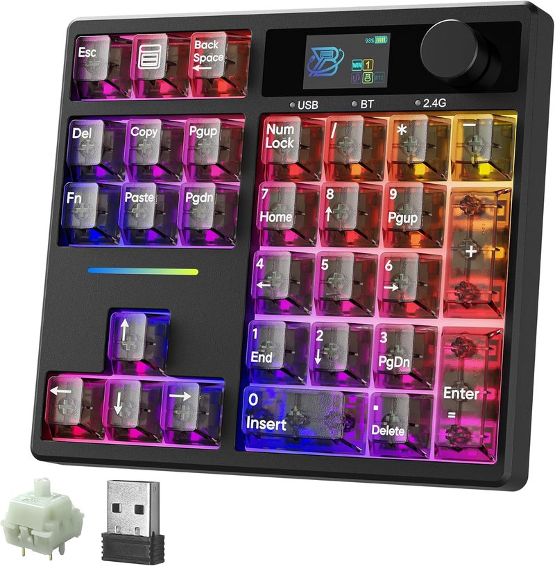 Boyi TD31Pro Gaming Keyboard,Mini Mechanical Numpad,BT5.0/2.4G/Type-C Wireless Numeric Keypad,RGB HotSwap Numpad with Screen&Knob,Gasket Macro Pad Number keypad for Win/Mac(Black Transparent) - Image 1